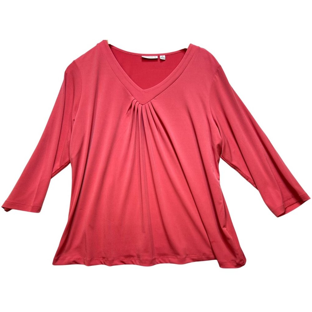 Susan Graver Women's V Neck Tunic Top 3/4 Sleeve Stretch Size 1X Pink Casual